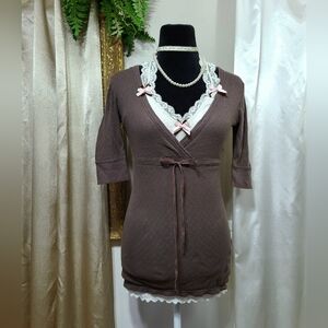 ♡ Y2K ♡ Aeropostale Brown Pointelle Waist Tie Half Sleeve Babydoll Top